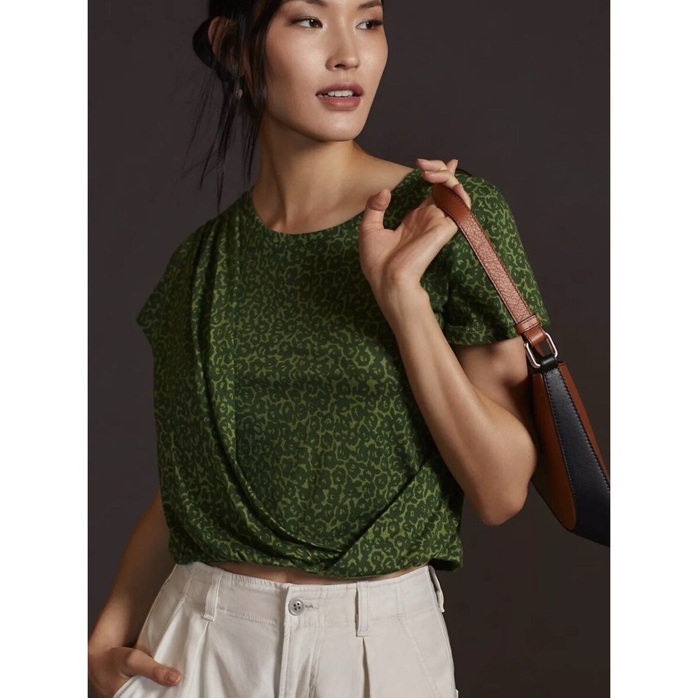 Anthropologie Green Leopard Draped Front Cropped T-Shirt Size S Animal Print NWT